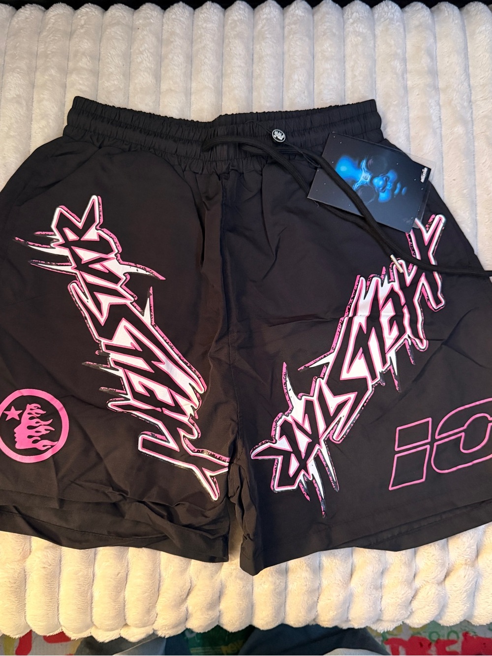 Hellstar Black Swim Shorts with Pink Graphic Print